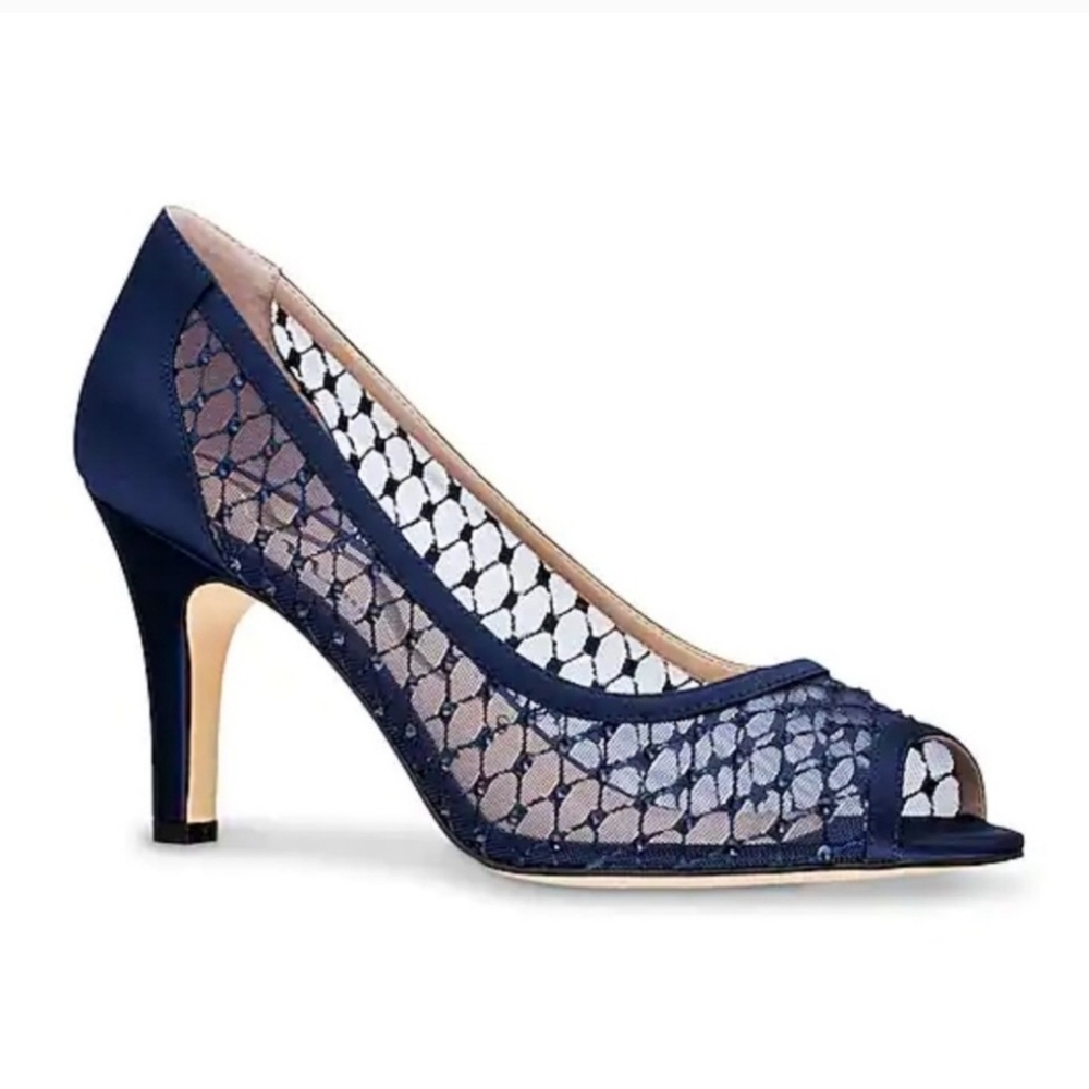 Nina Fanya Satin Navy Peep-Toe Heels With Mesh And Rhinestone Design Size 10